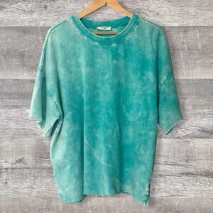 ZENANA French Terry Washed Drop Shoulder Raw Edge Top Womens L / XL Short Sleeve